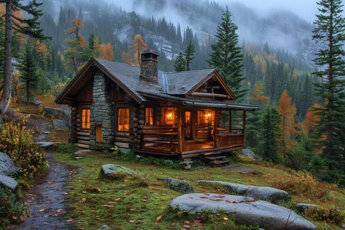夜幕下的林中小屋 摄影图