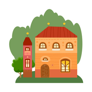 一组可爱的卡通房子在儿童风格