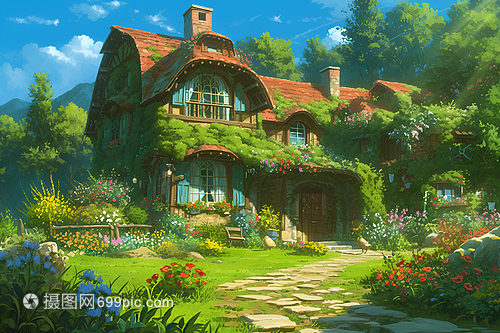 宁静花园中的小屋